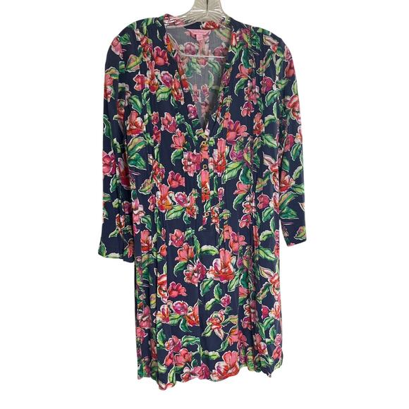 Lilly Pulitzer Sarasota Pintucked Tunic Dress Shift Navy Bold Flowers Size S - Picture 1 of 13